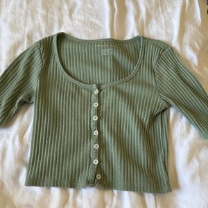 American Eagle Outfitters Green Ribbed Button-Up Blouse